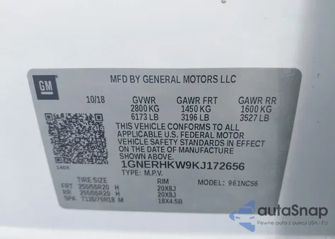 2019 Chevrolet Traverse 3Lt из США, поврежденный, VIN 1GNERHKW9KJ172656